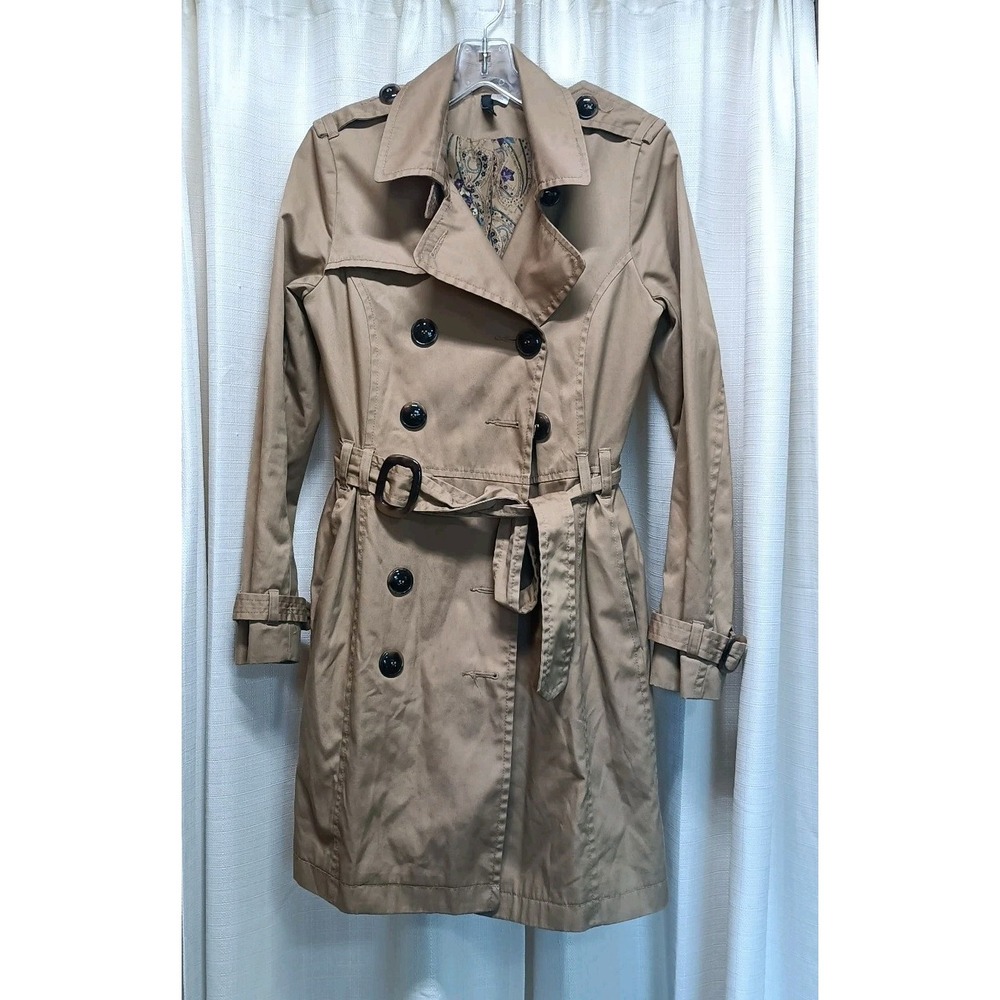 Divided By H&M Size 8 Tan Floral lining Mid Length Double Breasted Trench Coat